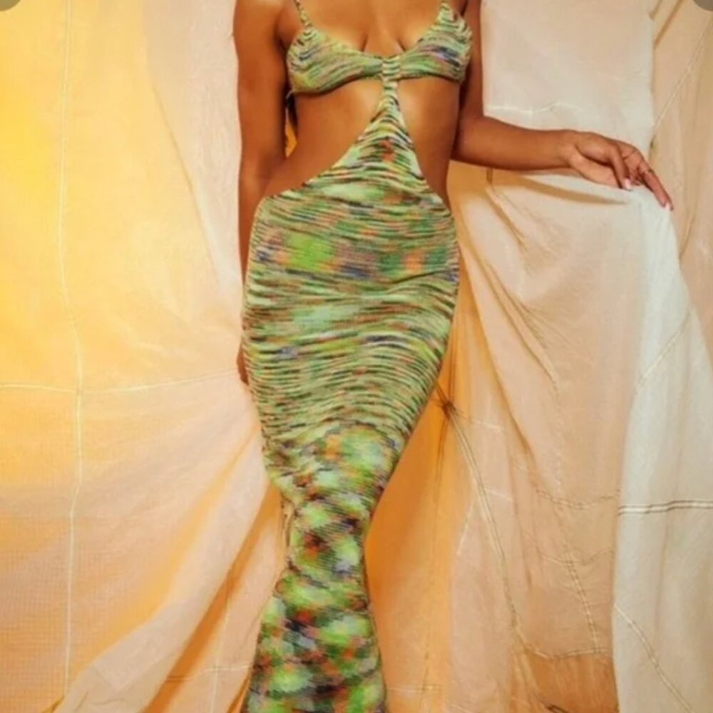 Jaded London Space Dye Knit Cut Out Maxi Dress Green Orange Multi Beach MEDIUM